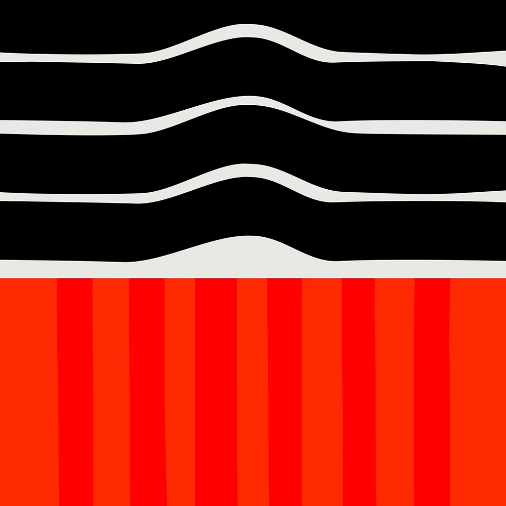 Close-up of the Ember print showing thick, undulating black lines and soft vertical colour transitions in the red section, resembling heat or rhythmic flow.
