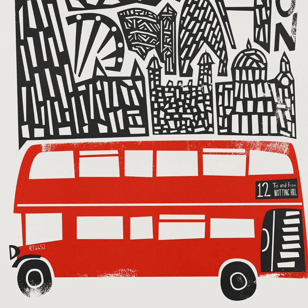 A close-up of the illustrated London bus in the print, highlighting the Route 12 signage, black linework textures, and blocky architectural elements in the background.
