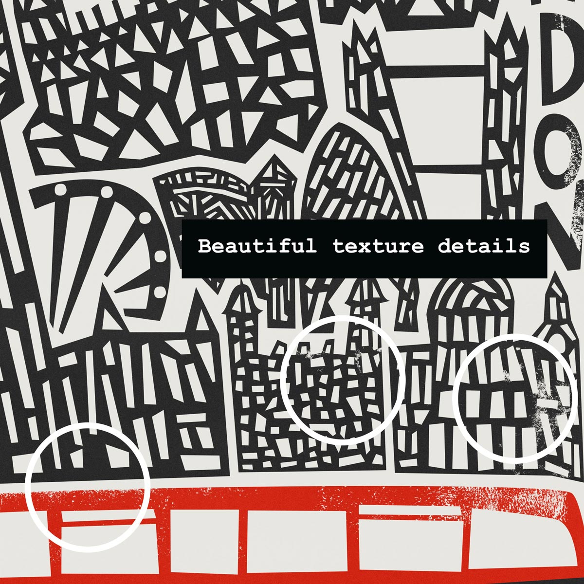 A close-up of the illustrated London bus in the print, highlighting the Route 12 signage, black linework textures, and blocky architectural elements in the background.
