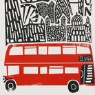 A close-up of the illustrated London bus in the print, highlighting the Route 12 signage, black linework textures, and blocky architectural elements in the background.
