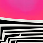 Abstract graphic artwork featuring a bright pink-to-coral gradient top half, layered with thick black and off-white geometric stripe patterns across the bottom half.