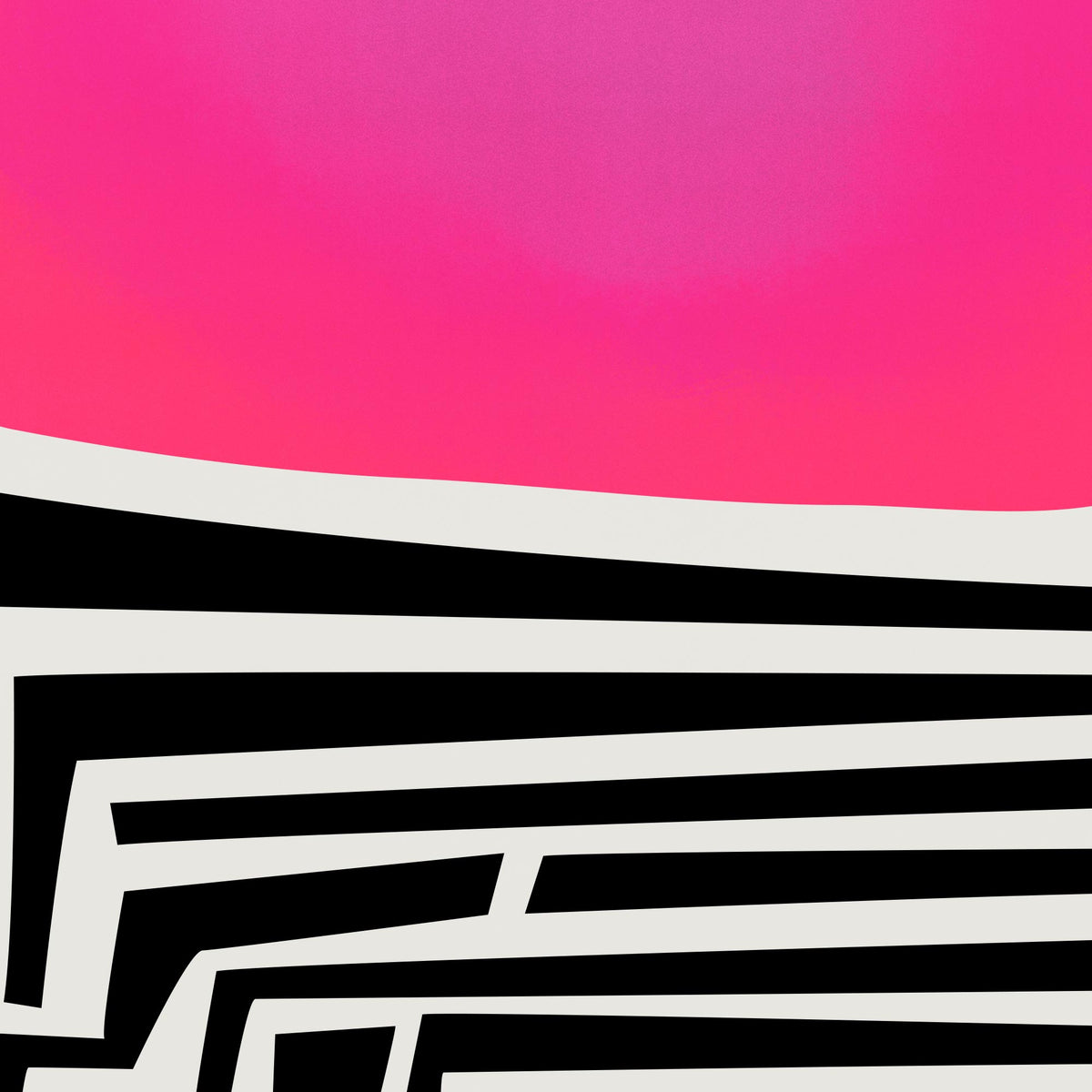 Abstract graphic artwork featuring a bright pink-to-coral gradient top half, layered with thick black and off-white geometric stripe patterns across the bottom half.