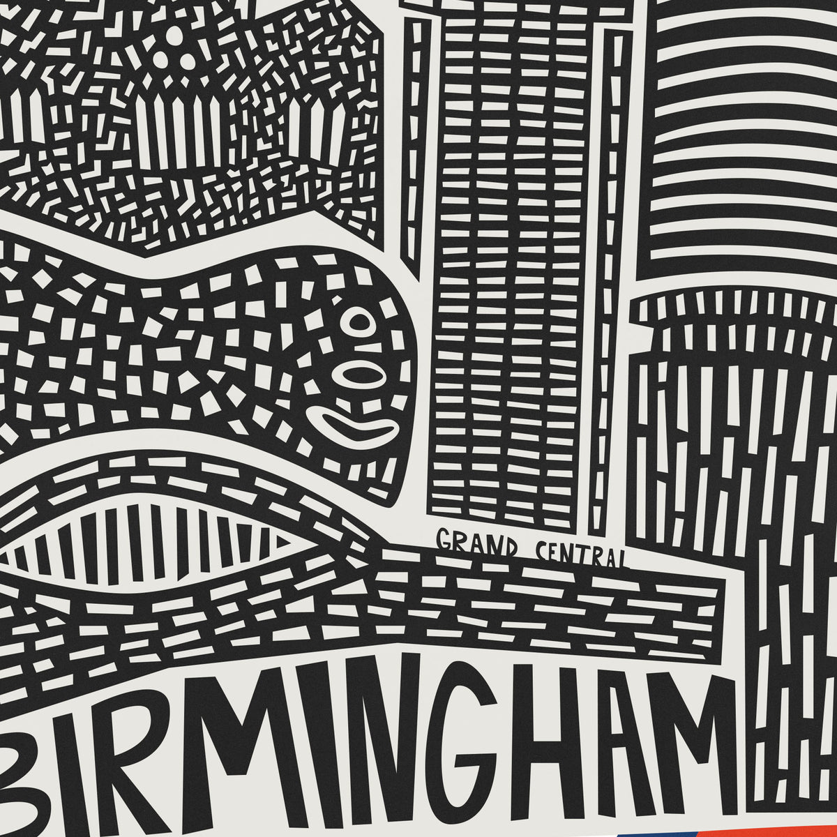 Black and white graphic art print featuring a stylized city map design with the word 'BIRMINGHAM' at the bottom and 'GRAND CENTRAL' near the center.