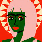 A stylized graphic portrait of a woman with green skin, pink hair, red lips, and a red-and-cream sunburst background.