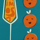 A stylized graphic design featuring three smiling orange characters with leaf tops arranged vertically on a teal background, alongside a partial yellow and orange abstract emblem on the left.
