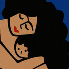 A stylized art print depicting a mother and child in a minimalist, graphic design style. The figures are rendered in beige and black with a small red accent on the mother's cheek, set against a solid blue background.