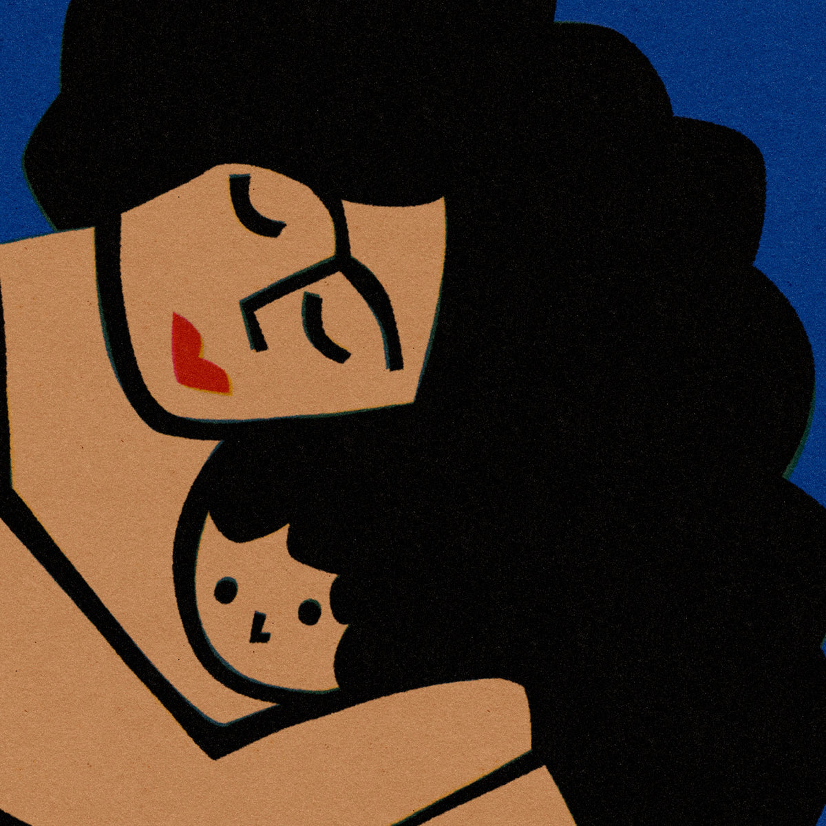 A stylized art print depicting a mother and child in a minimalist, graphic design style. The figures are rendered in beige and black with a small red accent on the mother's cheek, set against a solid blue background.