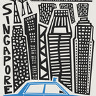 A stylized black-and-white cityscape graphic with the word "SINGAPORE" running vertically along the left side, above a blue car at the bottom.