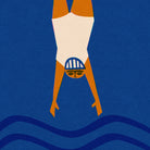 Minimalist vector illustration of a swimmer diving headfirst into a blue pool, featuring a cream bodysuit, orange limbs, and a blue-and-white striped swim cap against a textured blue background with stylized wave lines at the bottom.