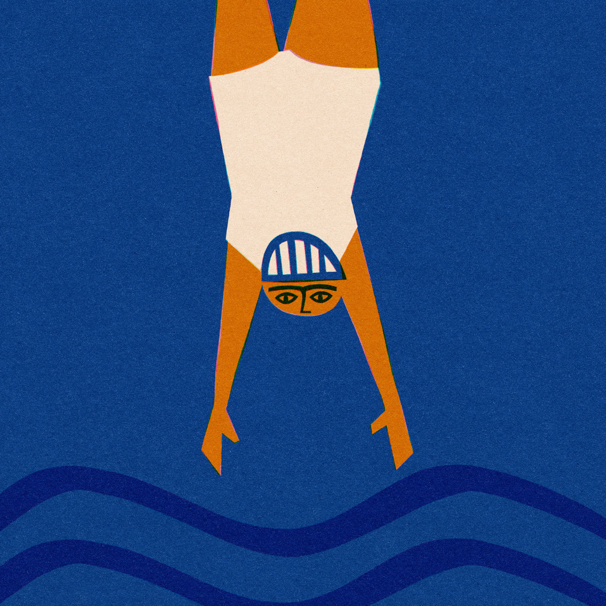 Minimalist vector illustration of a swimmer diving headfirst into a blue pool, featuring a cream bodysuit, orange limbs, and a blue-and-white striped swim cap against a textured blue background with stylized wave lines at the bottom.