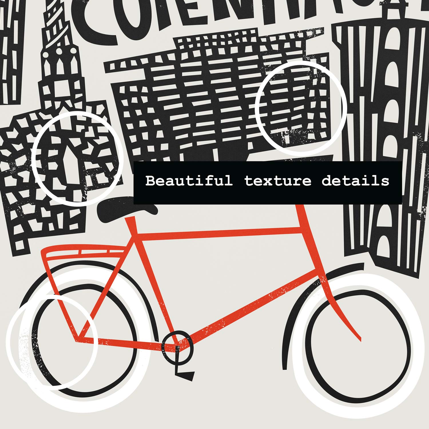 Close-up of the Copenhagen poster showing the intricately drawn buildings and minimalist red bike in sharp contrast.