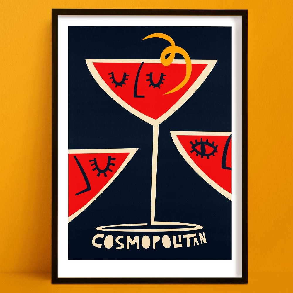 Cosmopolitan cocktail art print with three bold red glasses, each styled with a minimal face illustration and citrus twist, framed on a rich ochre background.