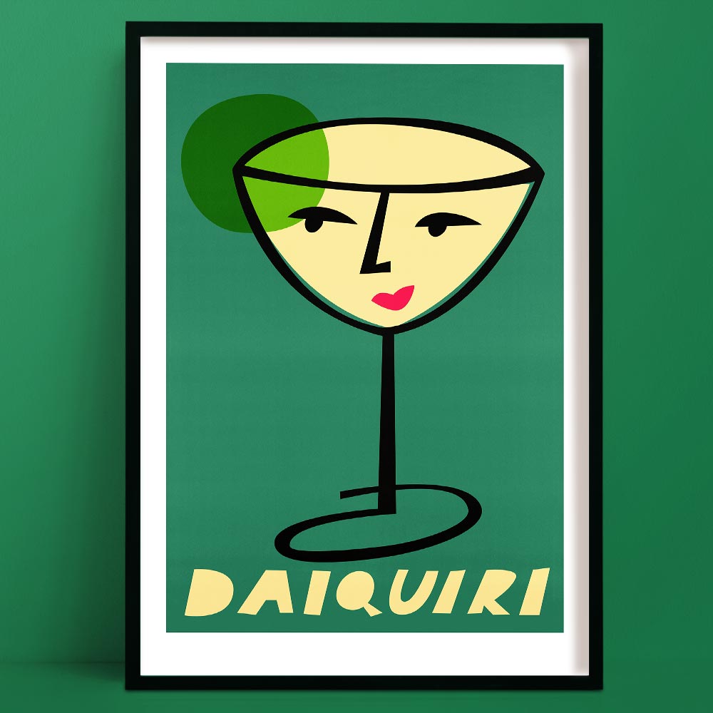 Daiquiri cocktail art print featuring a martini-style glass with a stylised face and lime green accent, set against a soft green backdrop.
