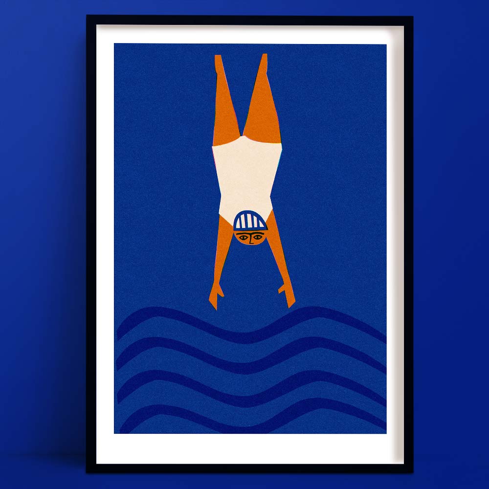 Bold graphic print of diver mid-dive in white swimsuit and swim cap, set against deep blue waves