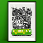 Stylised black and white cityscape of Dublin with famous landmarks stacked in bold linework, anchored by a bright green LUAS tram at the base of the design.