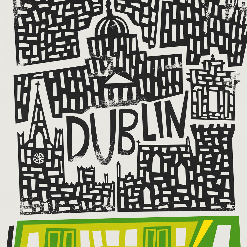Close-up view of the Dublin city illustration, highlighting its dense architectural drawing style and vivid green tram detail at the bottom edge.
