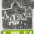 Close-up view of the Dublin city illustration, highlighting its dense architectural drawing style and vivid green tram detail at the bottom edge.