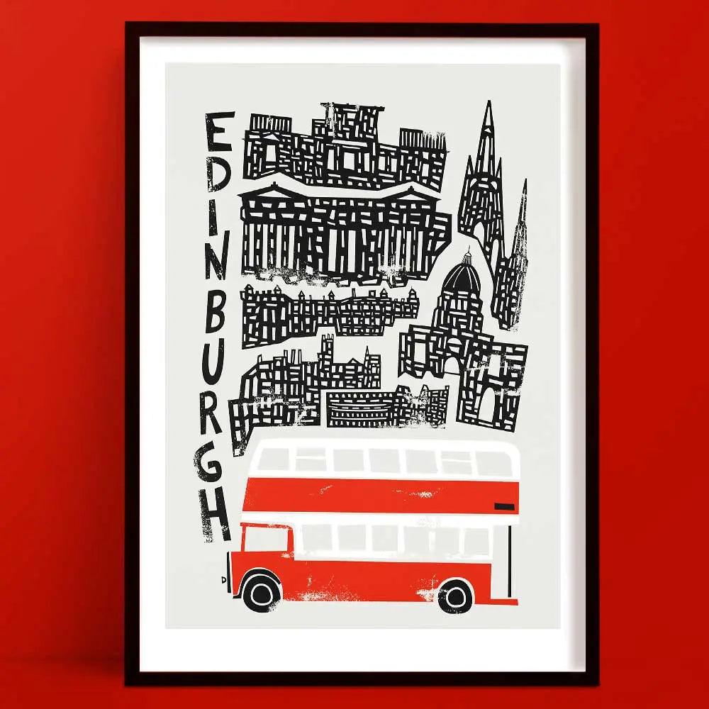 Illustrated Edinburgh wall art print featuring historic landmarks and a classic red double-decker bus, hand-drawn in a whimsical, retro-inspired style.
