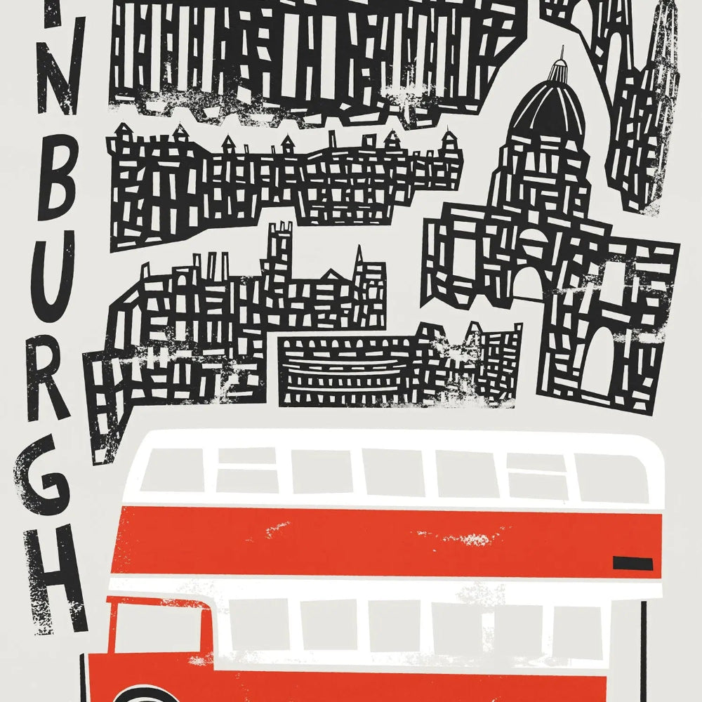 Close-up of the Edinburgh city illustration highlighting the detail in the skyline and bold red bus at the base, capturing the city’s energy and architecture.
