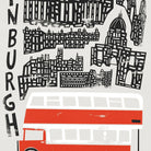 Close-up of the Edinburgh city illustration highlighting the detail in the skyline and bold red bus at the base, capturing the city’s energy and architecture.
