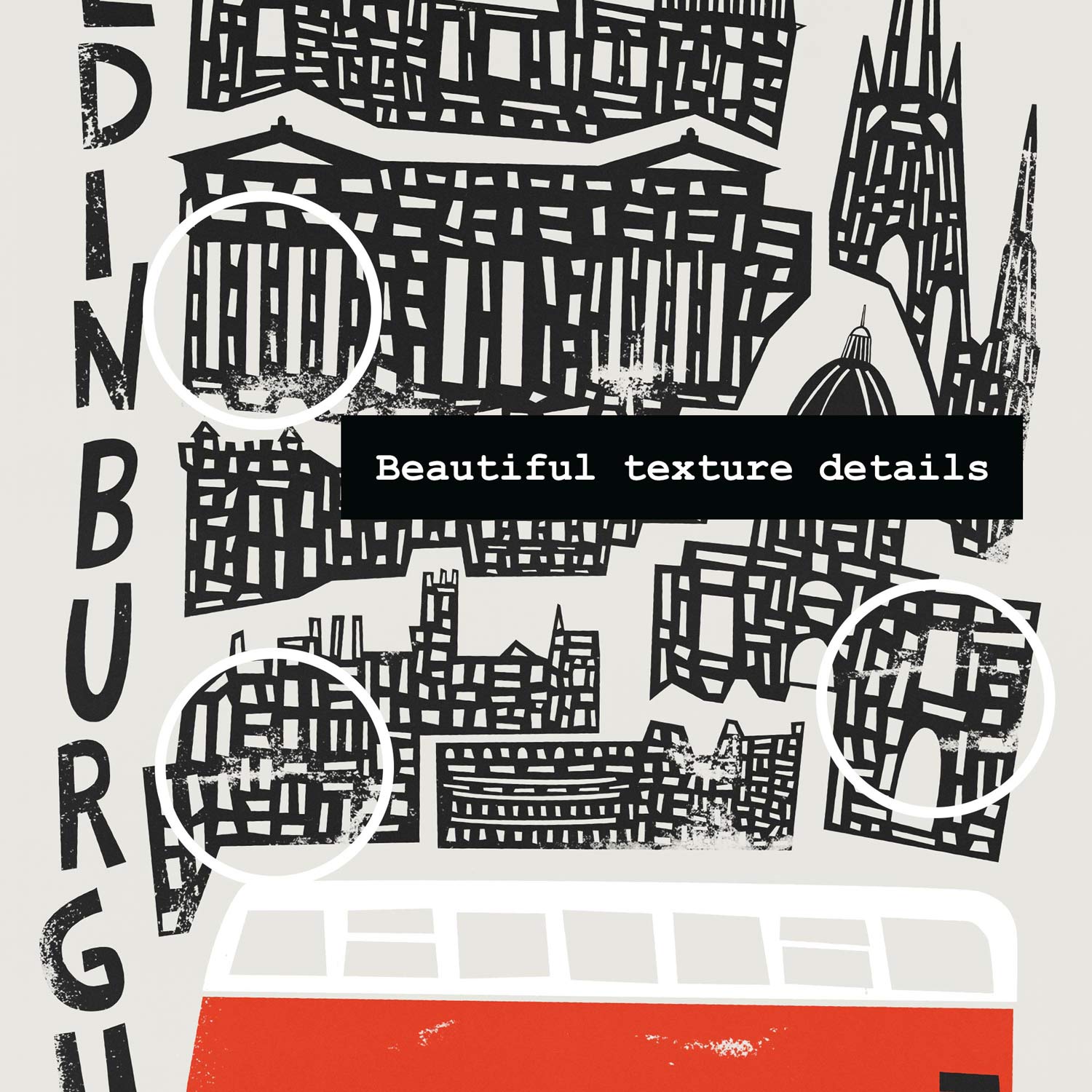 Close-up of the Edinburgh city illustration highlighting the detail in the skyline and bold red bus at the base, capturing the city’s energy and architecture.