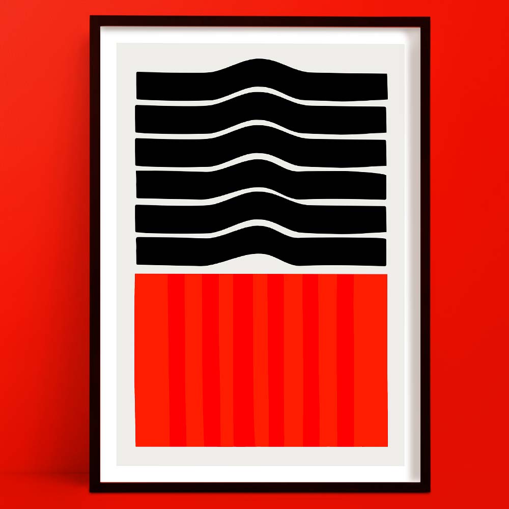 A bold abstract art print featuring wavy black lines stacked above a deep red gradient block, evoking the glow and movement of slow-burning embers.
