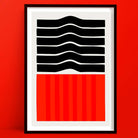 A bold abstract art print featuring wavy black lines stacked above a deep red gradient block, evoking the glow and movement of slow-burning embers.
