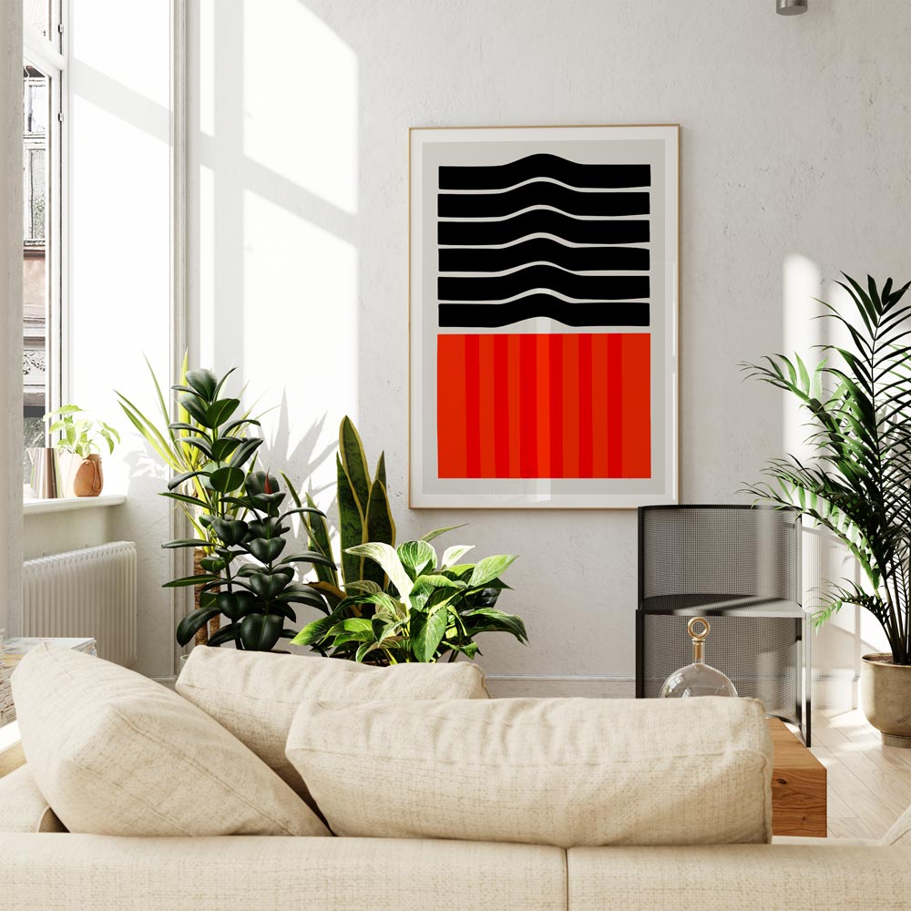 Ember abstract wall art displayed in a bright room, where the dramatic contrast of black and red adds modern sophistication to the clean, minimalist decor.
