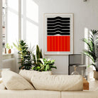 Ember abstract wall art displayed in a bright room, where the dramatic contrast of black and red adds modern sophistication to the clean, minimalist decor.
