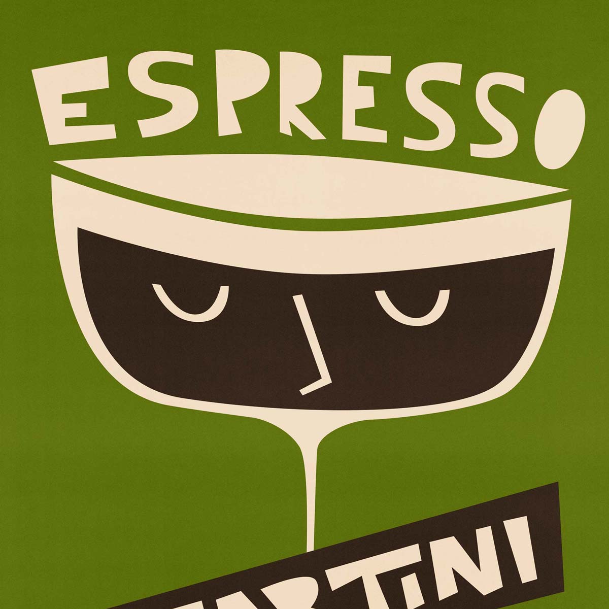 Close-up of the Espresso Martini print featuring hand-drawn text and a minimalist, sleepy expression across a creamy coffee glass.