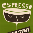 Close-up of the Espresso Martini print featuring hand-drawn text and a minimalist, sleepy expression across a creamy coffee glass.