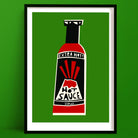 Extra Hot Sauce art print featuring a red and black bottle with bold rays and face illustration, framed on green wall.