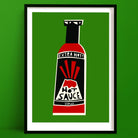Extra Hot Sauce print featuring a red and black bottle with bold rays and face illustration, framed on green wall.