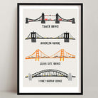 A clean and modern illustration featuring four iconic bridges—Tower Bridge, Brooklyn Bridge, Golden Gate Bridge, and Sydney Harbour Bridge—stacked vertically with hand-lettered labels.