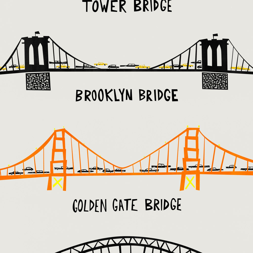 A close-up look at the illustrated bridges, highlighting the fine linework, gentle texture, and the unique colours used for each iconic structure.