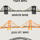 A close-up look at the illustrated bridges, highlighting the fine linework, gentle texture, and the unique colours used for each iconic structure.