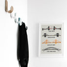 Famous bridges art print styled in a light hallway next to wall hooks and a black coat, adding character and travel nostalgia to a functional space.