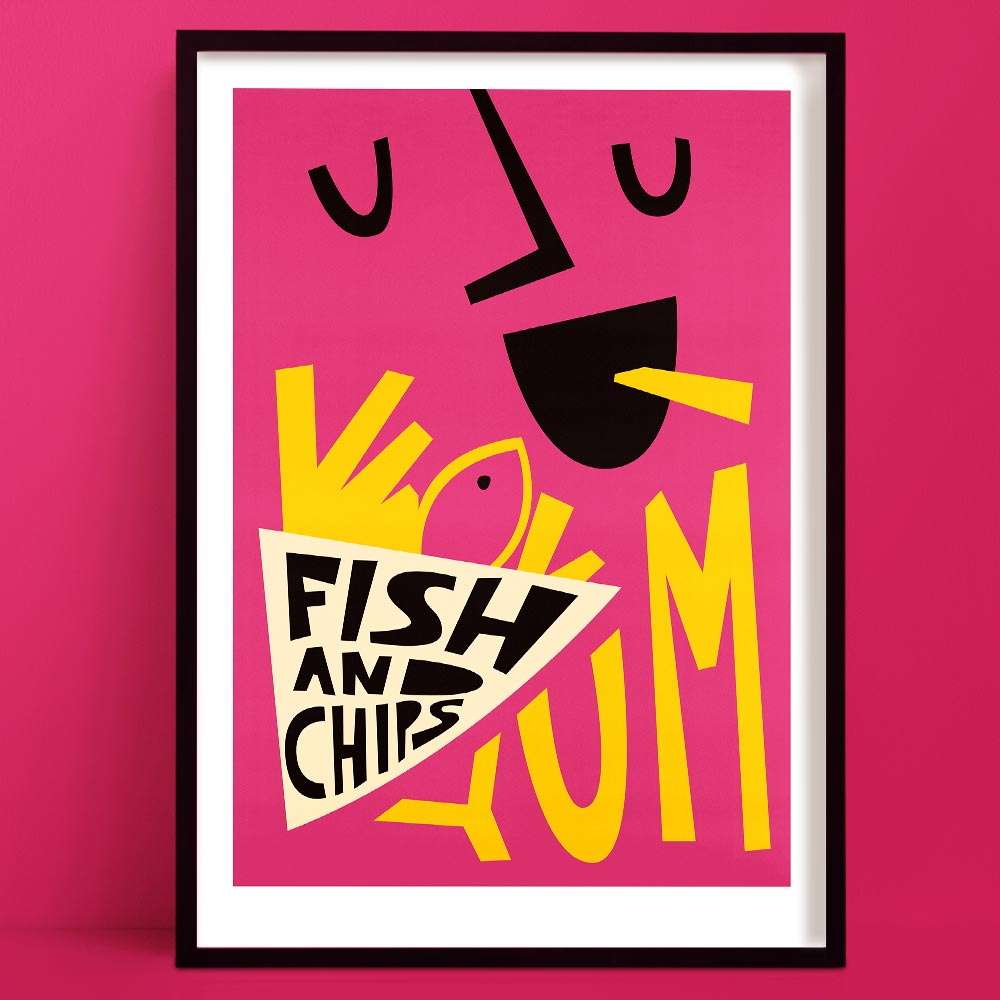 Bold pink poster with abstract face illustration and playful text reading ‘Fish and Chips Yum’ in pop art layout.