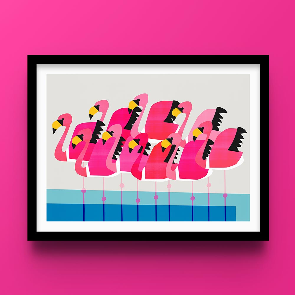 A vibrant art print of stylised flamingos in formation, set against a pink backdrop.
