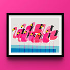 A vibrant art print of stylised flamingos in formation, set against a pink backdrop.
