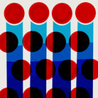 Close-up view of the Flicker print showing the interplay of colour and opacity between the red, black, and navy circles over crisp blue vertical stripes.
