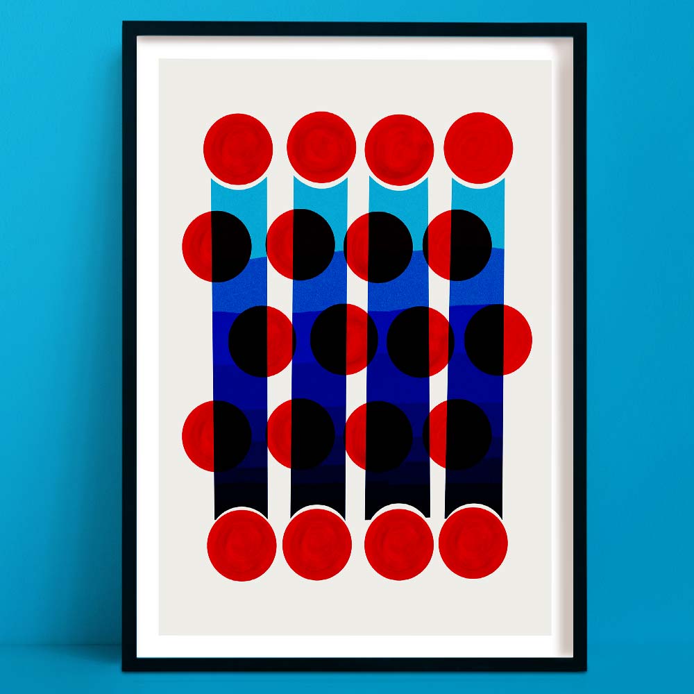 A vivid abstract print titled “Flicker” featuring columns of layered red, black, and deep blue circles stacked against narrow vertical blue bands, creating rhythmic depth.
