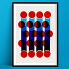 A vivid abstract print titled “Flicker” featuring columns of layered red, black, and deep blue circles stacked against narrow vertical blue bands, creating rhythmic depth.
