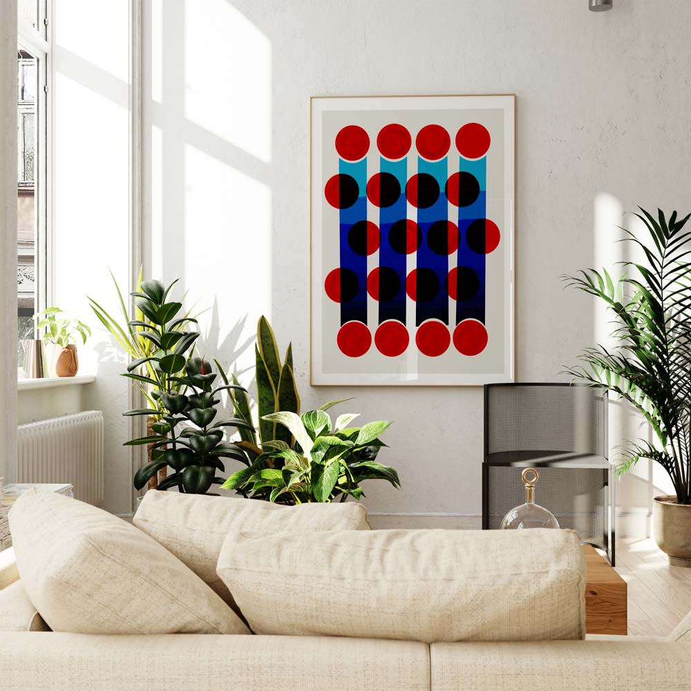 The Flicker print hanging in a bright, plant-filled room, its bold vertical rhythm and rich colours lending an air of movement and modernity to the space.
