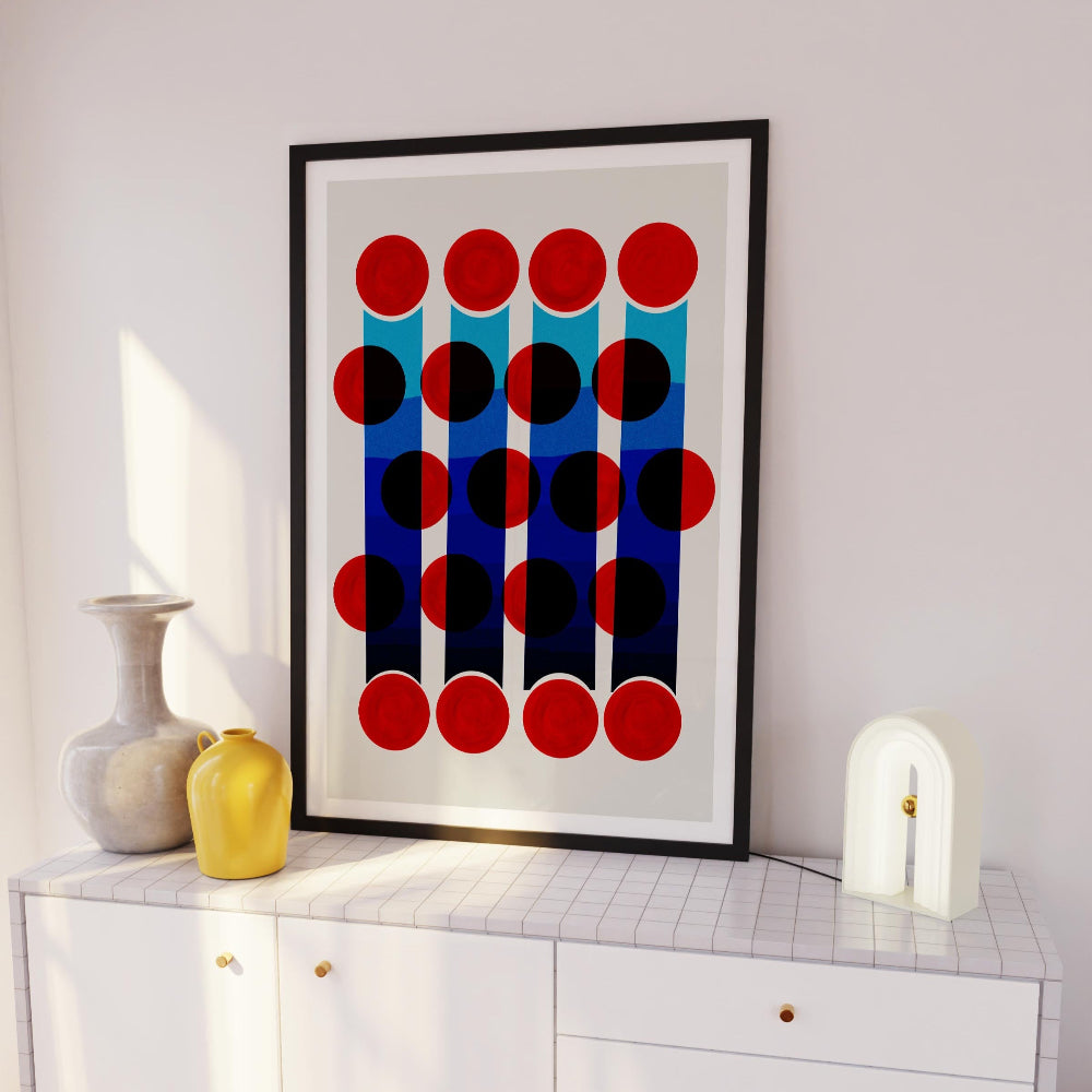 The Flicker artwork displayed on a shelf with modern decor, its graphic repetition and bold geometry offering a punch of retro-futuristic flair.
