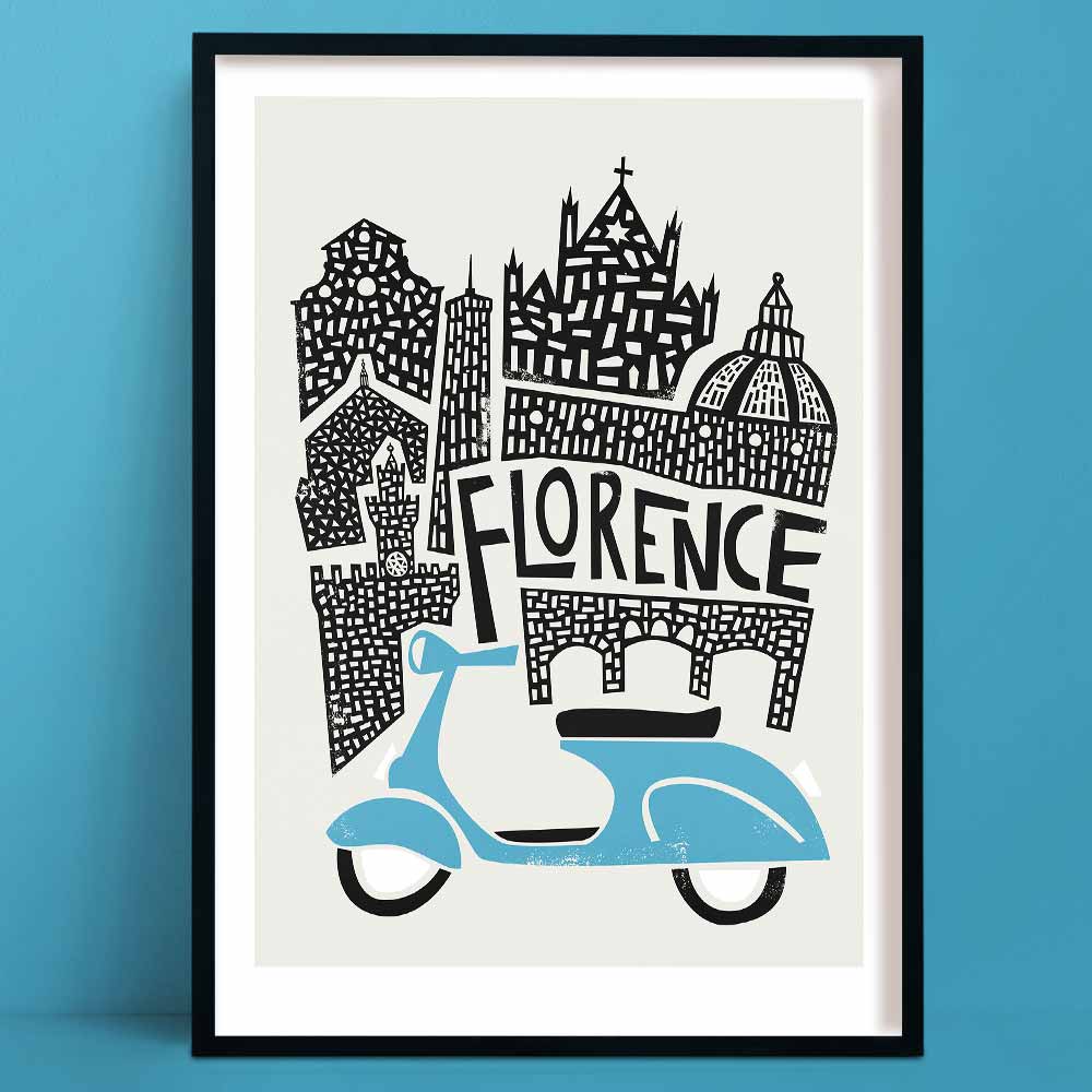 Illustrated Florence city print featuring iconic architecture like the Duomo and Palazzo Vecchio, with a charming light blue scooter in the foreground.