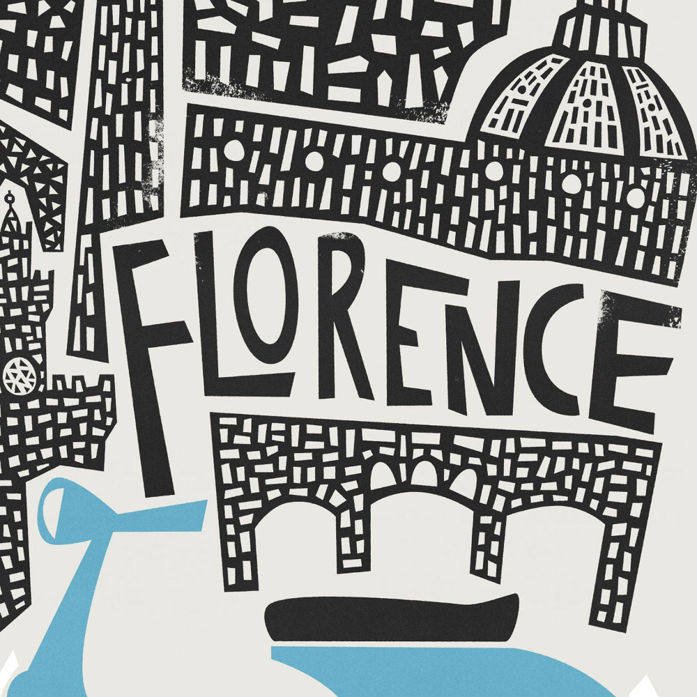 Close-up view of the Florence artwork highlighting playful textures, the elegant dome of the Duomo, and the cheerful blue motorbike illustration below.