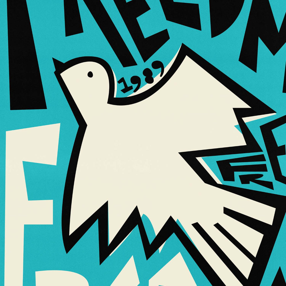Close-up of stylised dove with bold black outlines and layered ‘free’ lettering