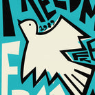 Close-up of stylised dove with bold black outlines and layered ‘free’ lettering