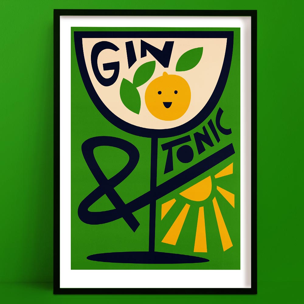 Gin & Tonic cocktail art print with a smiling citrus face, stylised glass shape, and leafy accents on a vibrant green wall.